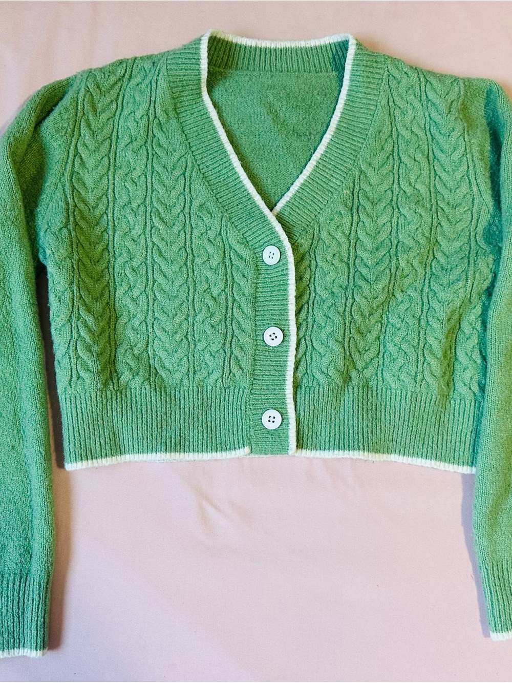Green Cable-Knit Cropped Cardigan Sweater